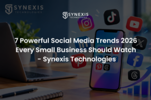 Small business owner planning social media trends 2026 on a phone and laptop with Reels and content ideas
