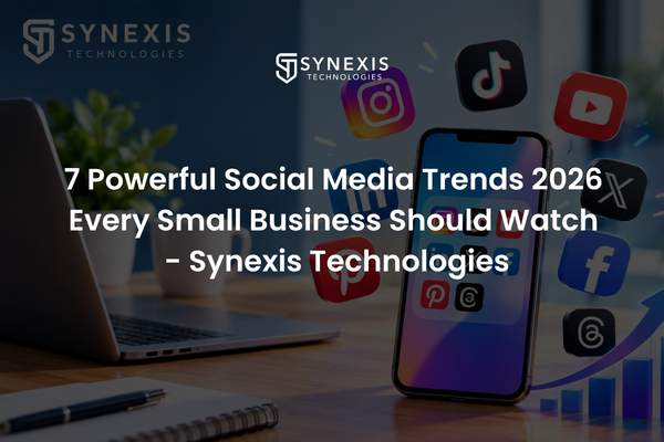 Small business owner planning social media trends 2026 on a phone and laptop with Reels and content ideas