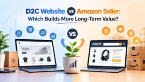 D2C website vs Amazon seller comparison showing a branded online store and an Amazon product listing side by side