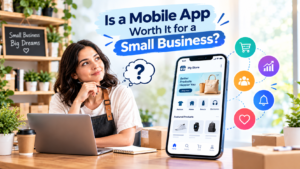 Is a mobile app worth it for a small business? Owner thinking beside a phone showing a store app